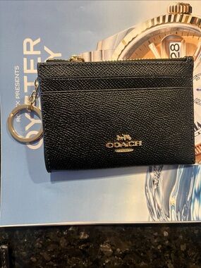 Coach Black Leather Card Case with Gold Logo and Keyring NWOT
